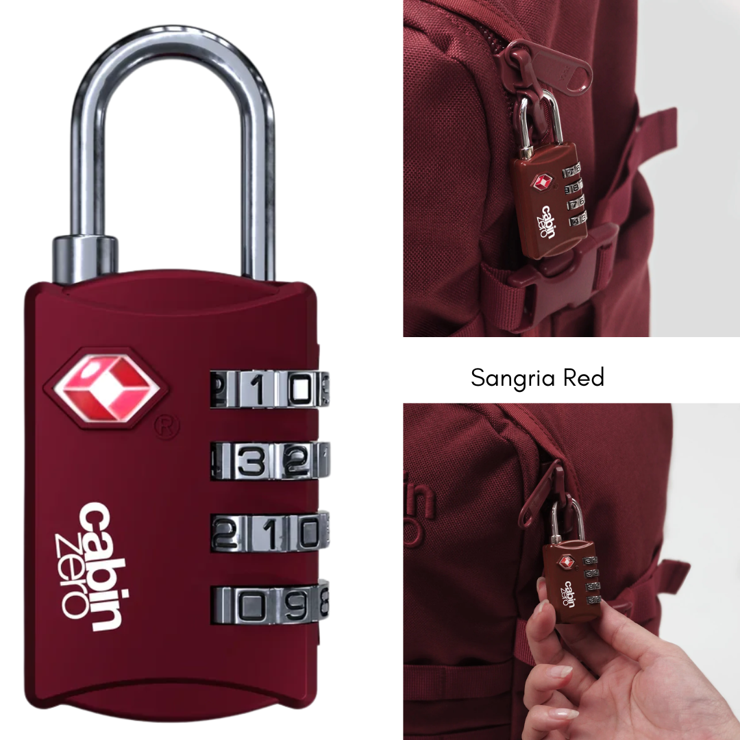 CabinZero TSA-approved sangria red 4-digit combination luggage lock securing red backpack, durable travel lock for suitcase, carry-on, and baggage.