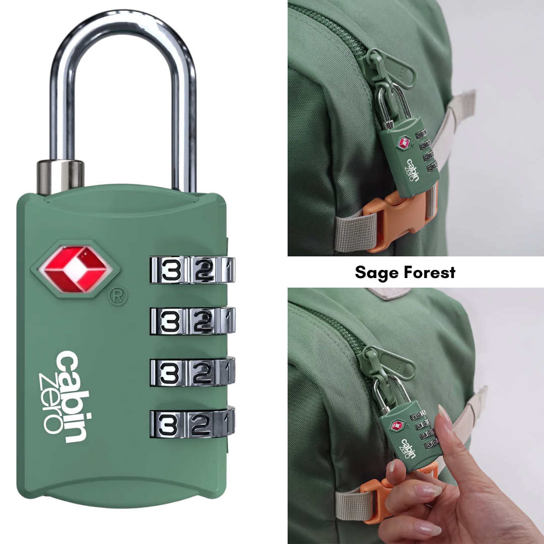 CabinZero TSA-approved sage forest 4-digit combination luggage lock securing green backpack, durable travel lock for suitcase, carry-on, and baggage.