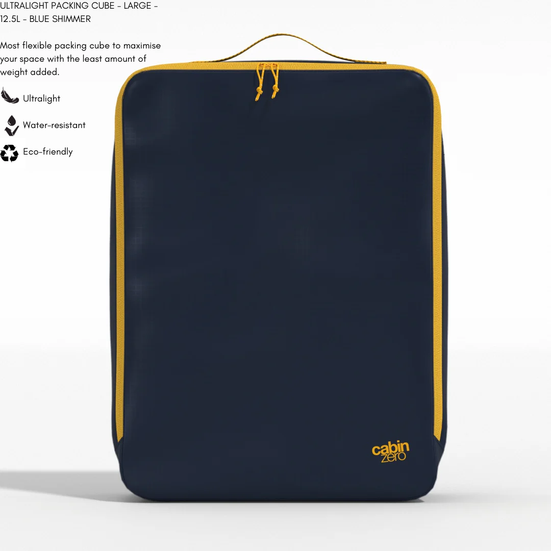 CabinZero ULTRALIGHT PACKING CUBE Large 12.5L in Blue Shimmer—ultralight, water-resistant, eco-friendly travel organizer.