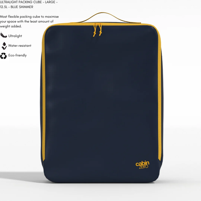 CabinZero ULTRALIGHT PACKING CUBE Large 12.5L in Blue Shimmer—ultralight, water-resistant, eco-friendly travel organizer.