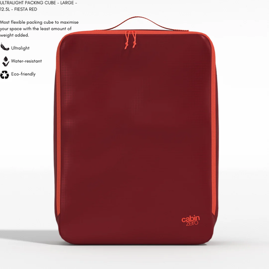 CabinZero ULTRALIGHT PACKING CUBE Large 12.5L in Fiesta Red—ultralight, water-resistant, eco-friendly travel organizer