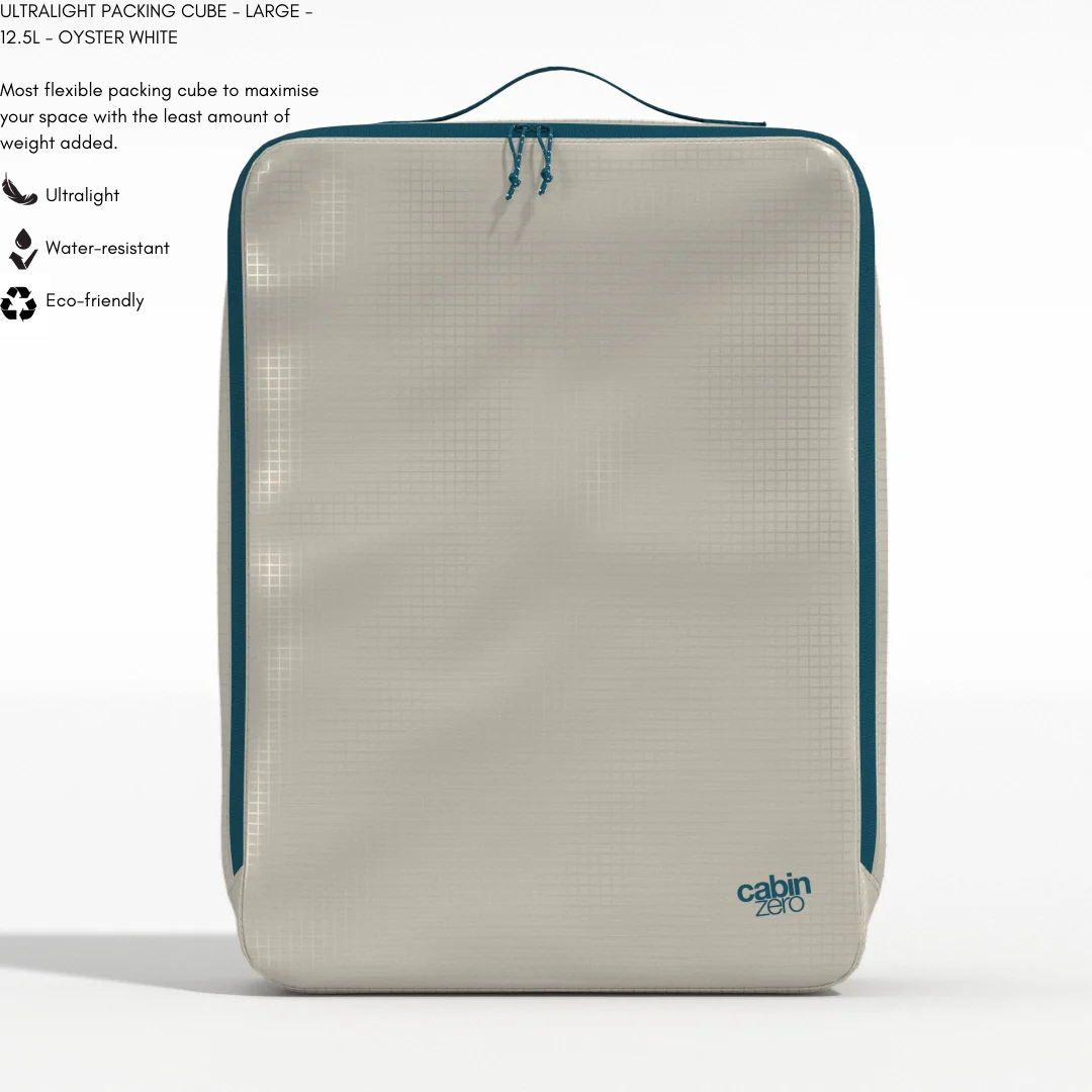 CabinZero ULTRALIGHT PACKING CUBE Large 12.5L in Oyster White—ultralight, water-resistant, eco-friendly travel organizer.