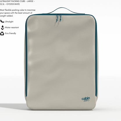CabinZero ULTRALIGHT PACKING CUBE Large 12.5L in Oyster White—ultralight, water-resistant, eco-friendly travel organizer.