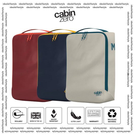 CabinZero ULTRALIGHT PACKING CUBE Medium 5.5L in assorted colors—lightweight, water-resistant, eco-friendly travel organizers with rollable design.