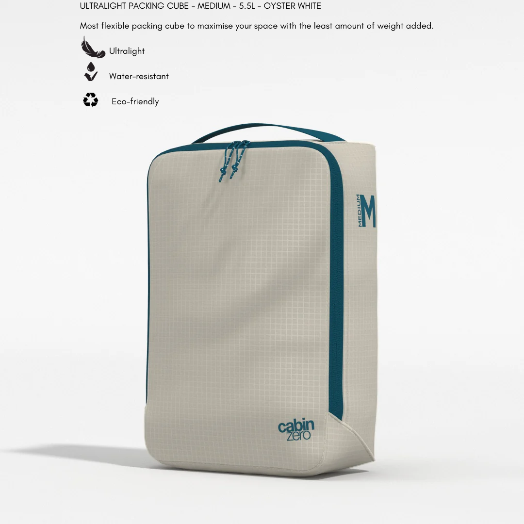 CabinZero ULTRALIGHT PACKING CUBE Medium 5.5L in Oyster White—ultralight, water-resistant, eco-friendly packing cube for efficient travel organization
