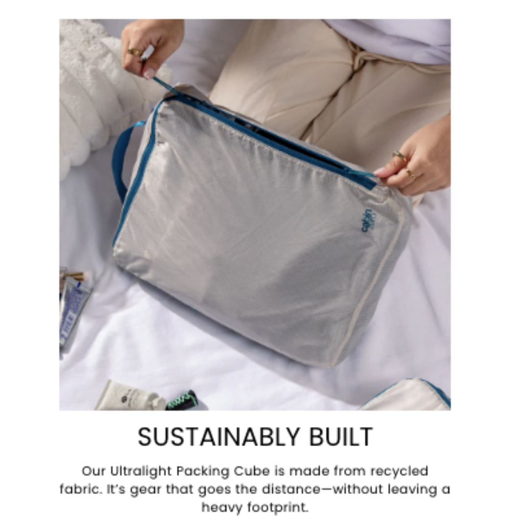 CabinZero ULTRALIGHT PACKING CUBE Medium 5.5L Oyster White—eco-friendly travel organizer made from recycled fabric, ultralight and durable for responsible packing