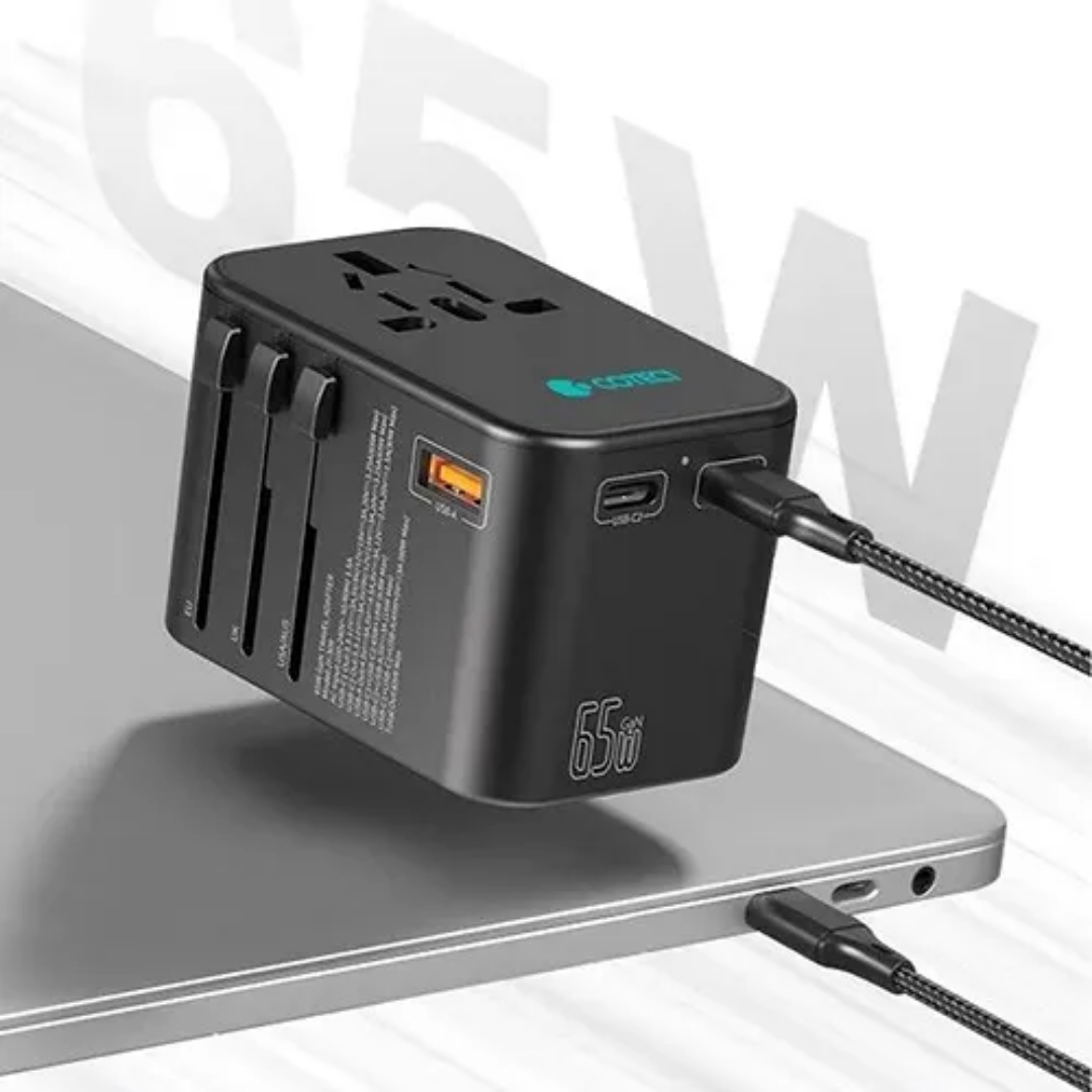COTECi 65W GaN universal travel adapter fast charging a laptop, multi-port charger for gloal devices.