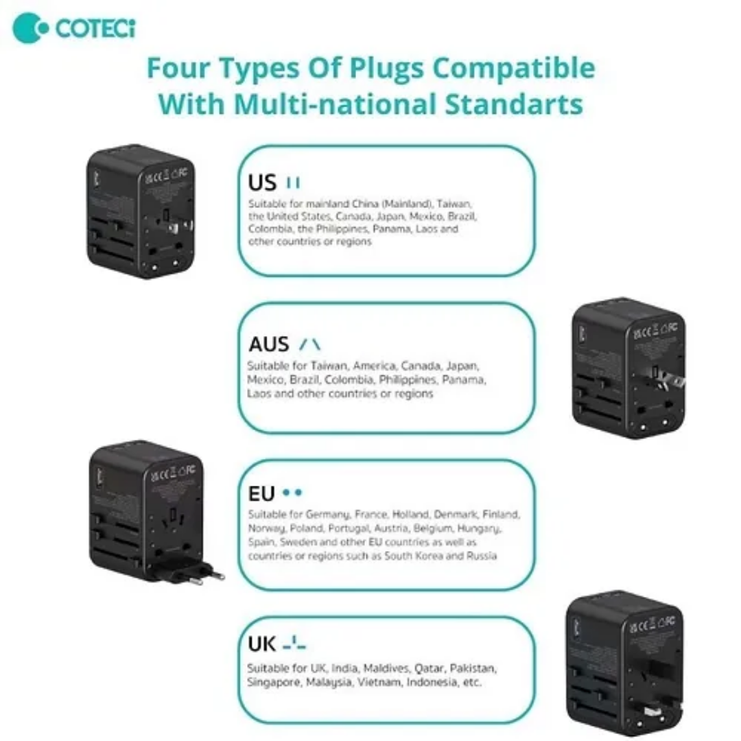 COTEQi travel adapter with US, AUS, EU, and UK plug compatibility, suitable for worldwide charging across multiple countries.