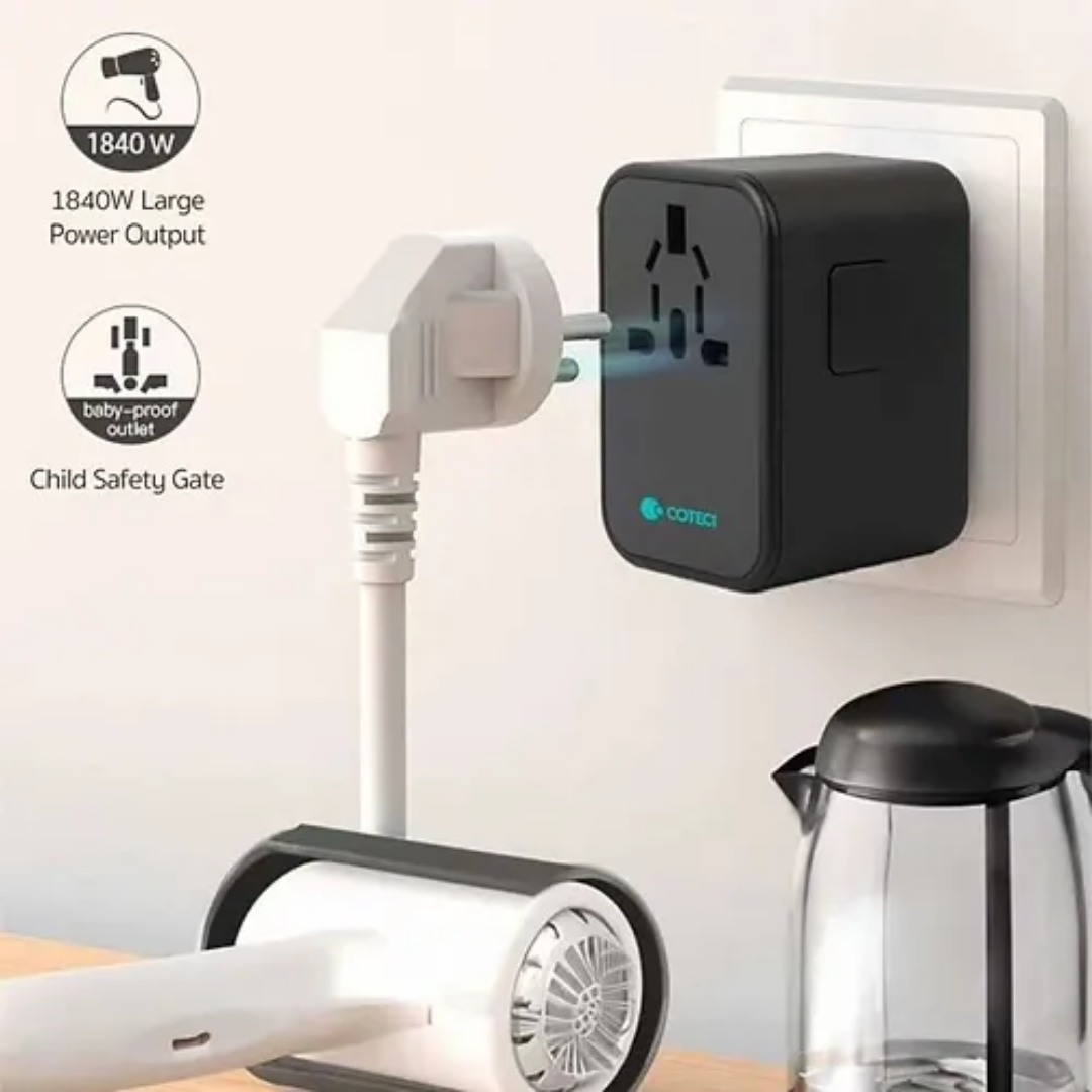 COTECi travel adapter with 1840W high power output, baby-proof outlets, and child safety gate, powering hair dryer and appliances safely