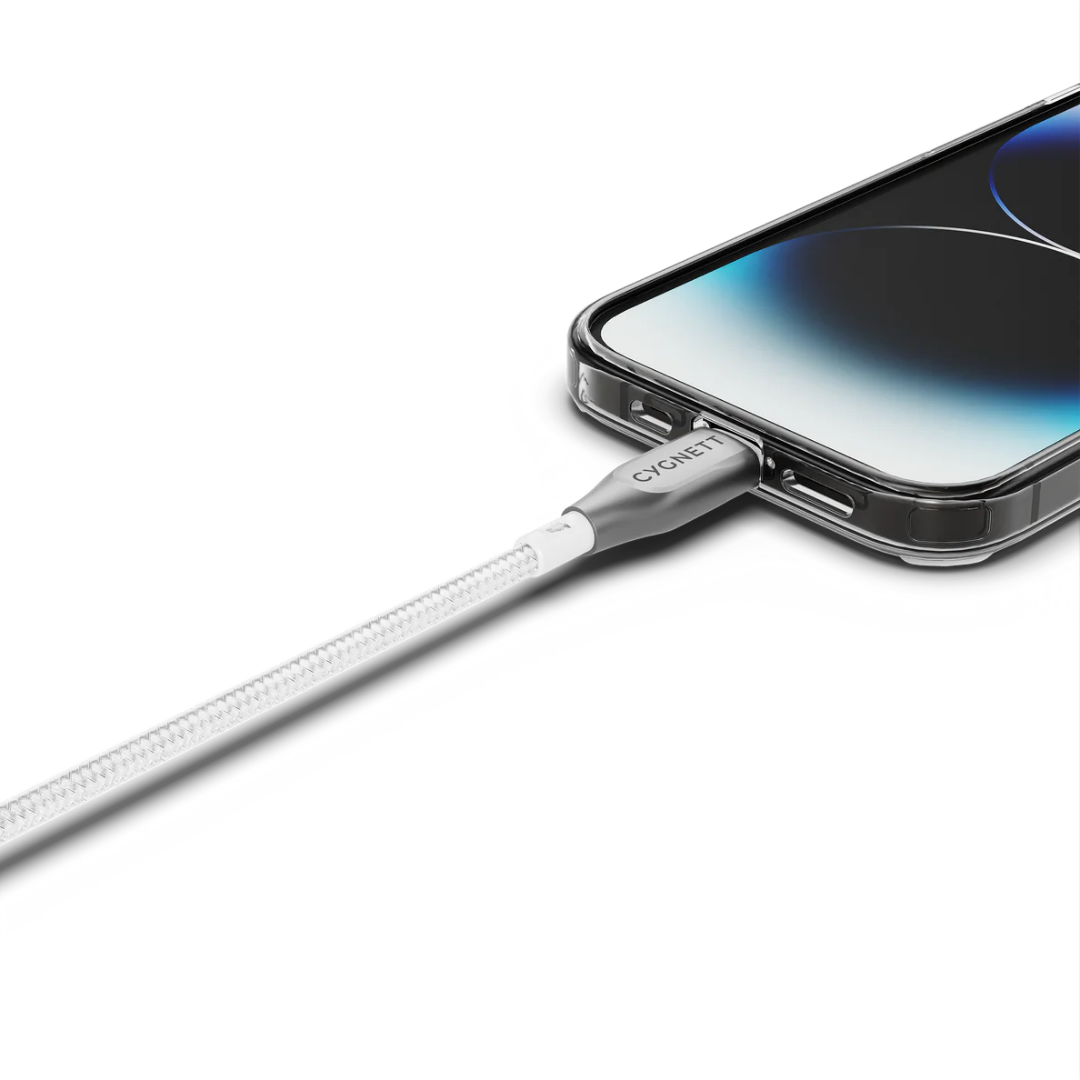 CYGNETT Armoured Lightning to USB-C white braided cable charging iPhone, 30W fast charge, premium durability, Singapore tech accessory