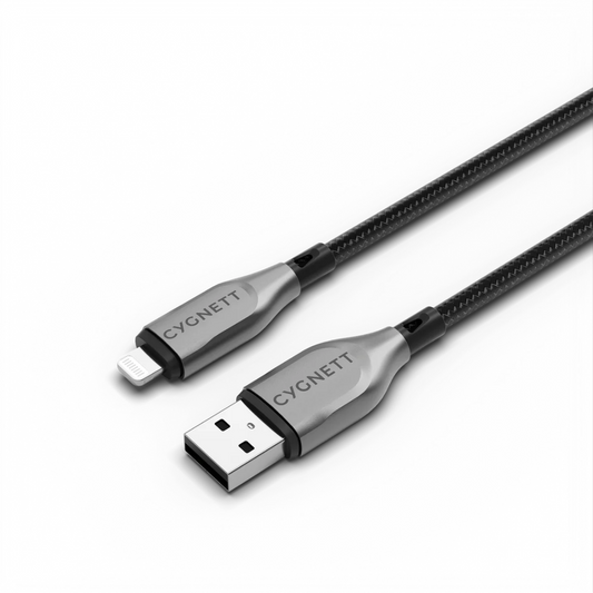CYGNETT Armoured Lightning to USB-A black braided cable, 12W safe fast charging for iPhone/iPad/Airpods, Kevlar fibre durability, 5-year warranty Singapore