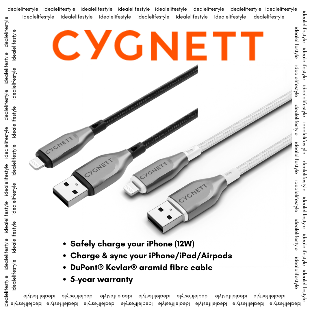 CYGNETT Armoured Lightning to USB-A cable, 12W fast charging, Kevlar aramid fibre, double-braided, sync iPhone/iPad/Airpods, 5-year warranty Singapore