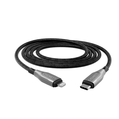 CYGNETT Armoured Lightning to USB-C cable, black braided, 30W fast charge for iPhone, high durability, premium charging accessory Singapore