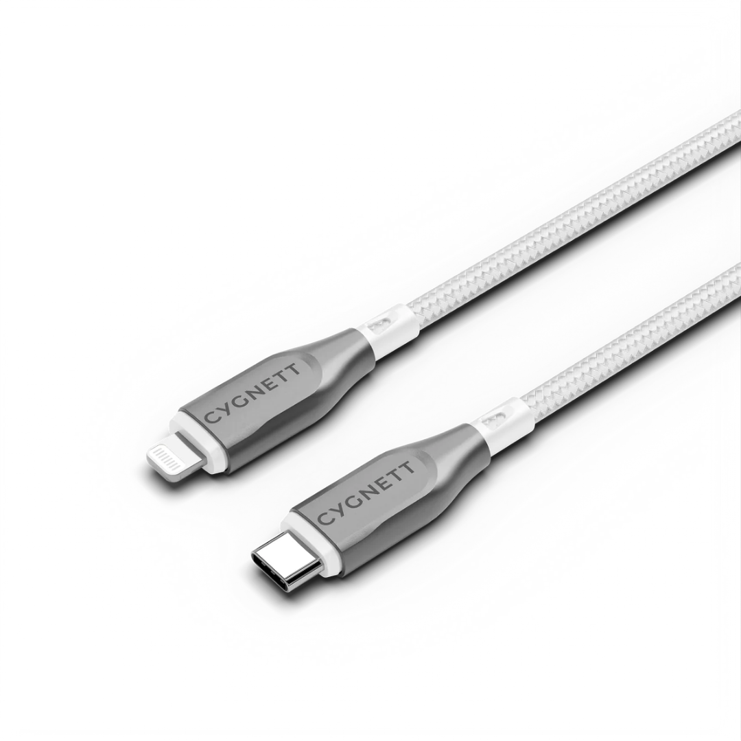CYGNETT Armoured Lightning to USB-C white braided cable, 30W fast charging for iPhone, durable premium charging accessory Singapore