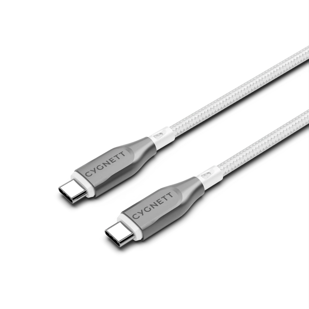 CYGNETT Armoured USB-C to USB-C white braided cable, 100W fast charging, 480Mbps transfer speed, durable premium accessory for laptops, tablets, and phones Singapore