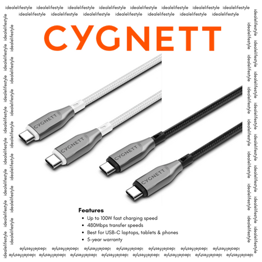 CYGNETT Armoured USB-C to USB-C cable, up to 100W fast charging, 480Mbps speed, rugged braided design, compatible with laptops, tablets, and phones Singapore
