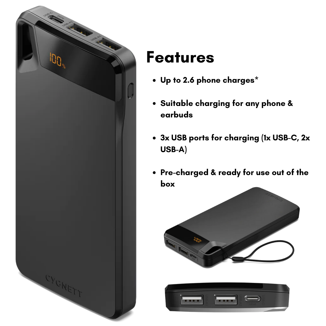 CYGNETT Boost 10,000mAh Power Bank in black with digital display, USB-C and dual USB-A ports, lanyard, and fast charging features overview