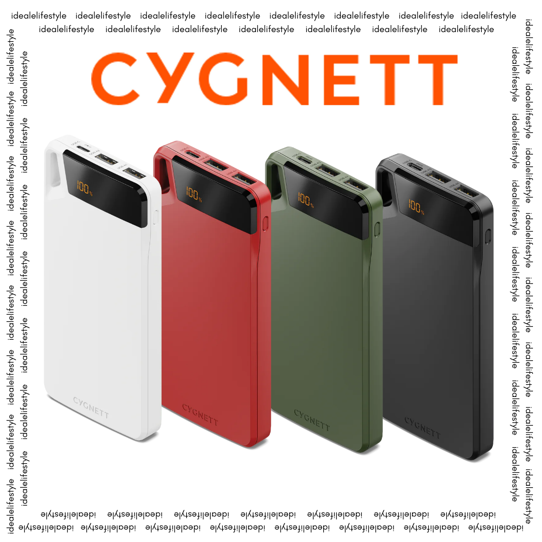 CYGNETT Boost 10,000mAh Power Bank in white, red, green, and black – slim portable charger with digital display, shown for idealelifestyle.com.sg