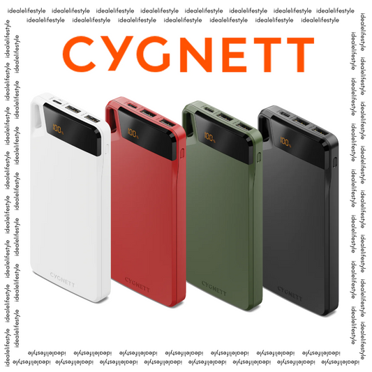 CYGNETT Boost 10,000mAh Power Bank in white, red, green, and black – slim portable charger with digital display, shown for idealelifestyle.com.sg