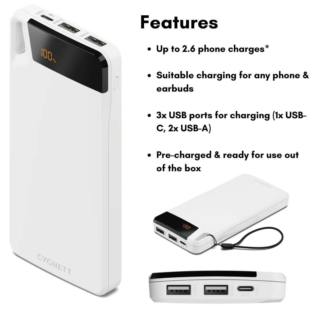 CYGNETT Boost 10,000mAh white power bank—digital display, USB-C and dual USB-A ports, portable fast charger, key features for phones
