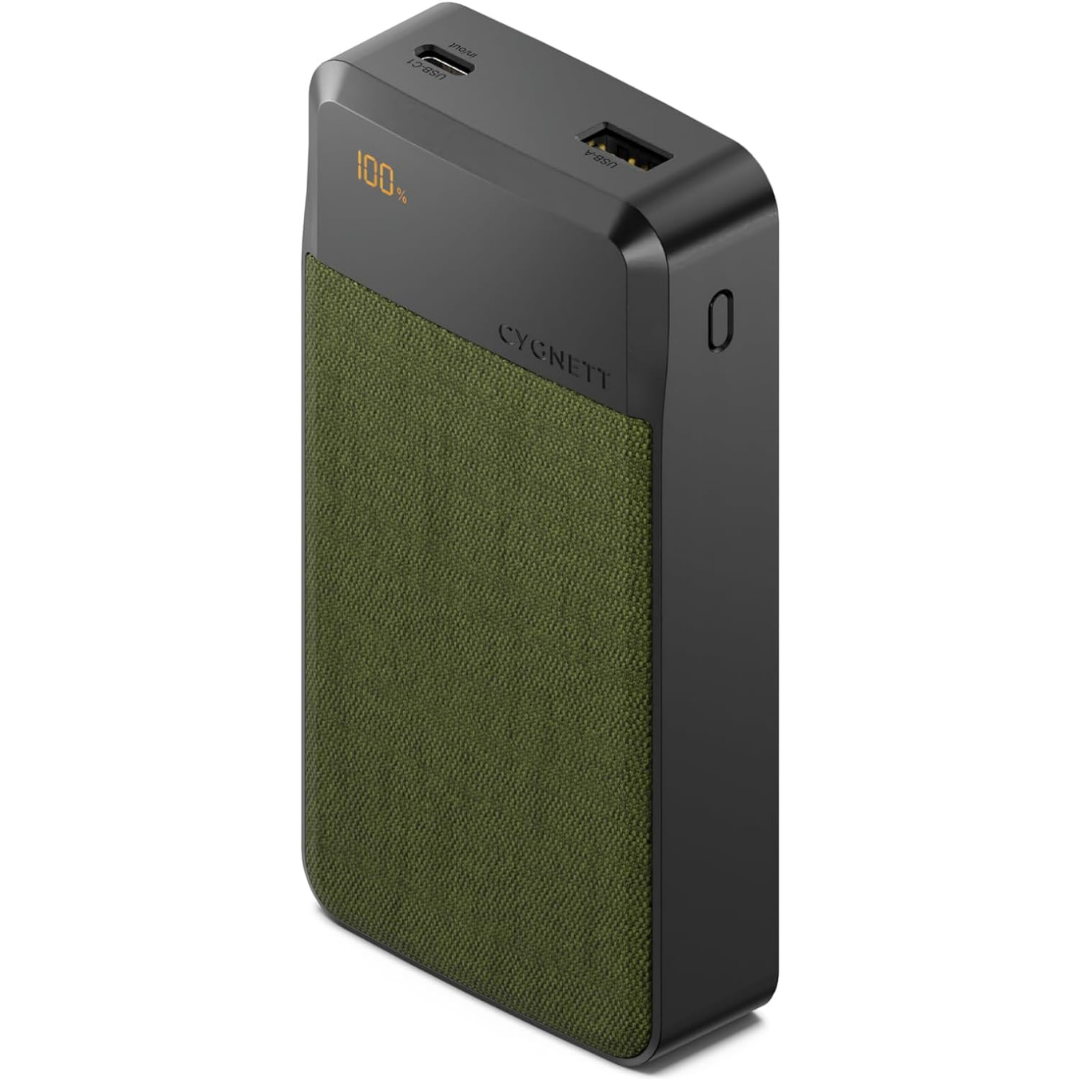 CYGNETT Reserve 20,000mAh power bank green, USB-C 30W fast charging, digital display, dual-port portable charger, compact fabric design Singapore