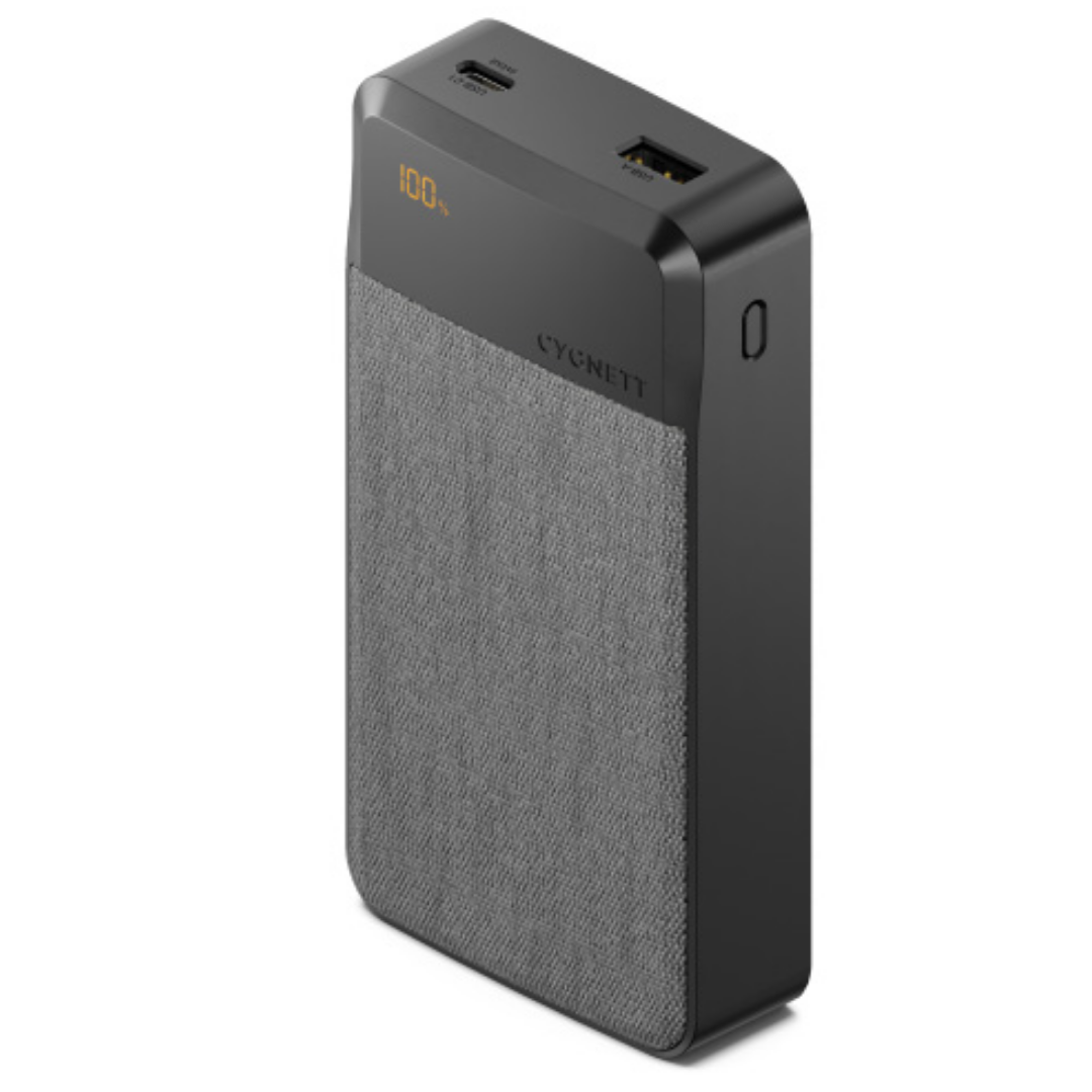 CYGNETT Reserve 20,000mAh power bank grey, 30W USB-C fast charging, digital display, dual-port portable charger, fabric finish, compact, Singapore