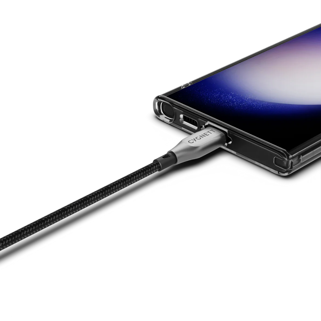 CYGNETT USB-C fast charging braided cable connected to smartphone, 60W power delivery, high-speed 480Mbps data transfer, premium tech accessory Singapore