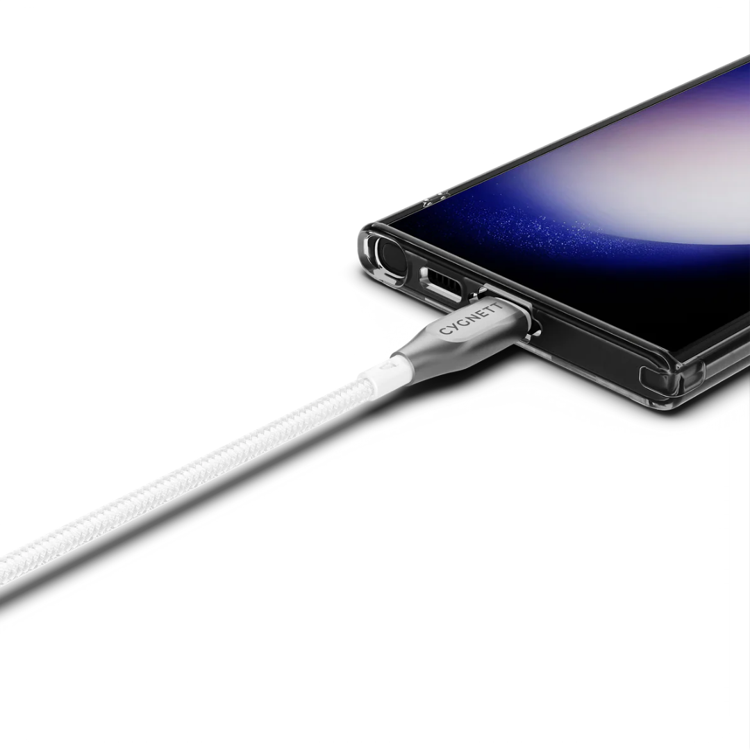 CYGNETT USB-C white braided fast charging cable connected to smartphone, 60W power delivery, 480Mbps transfer, premium tech accessory Singapore