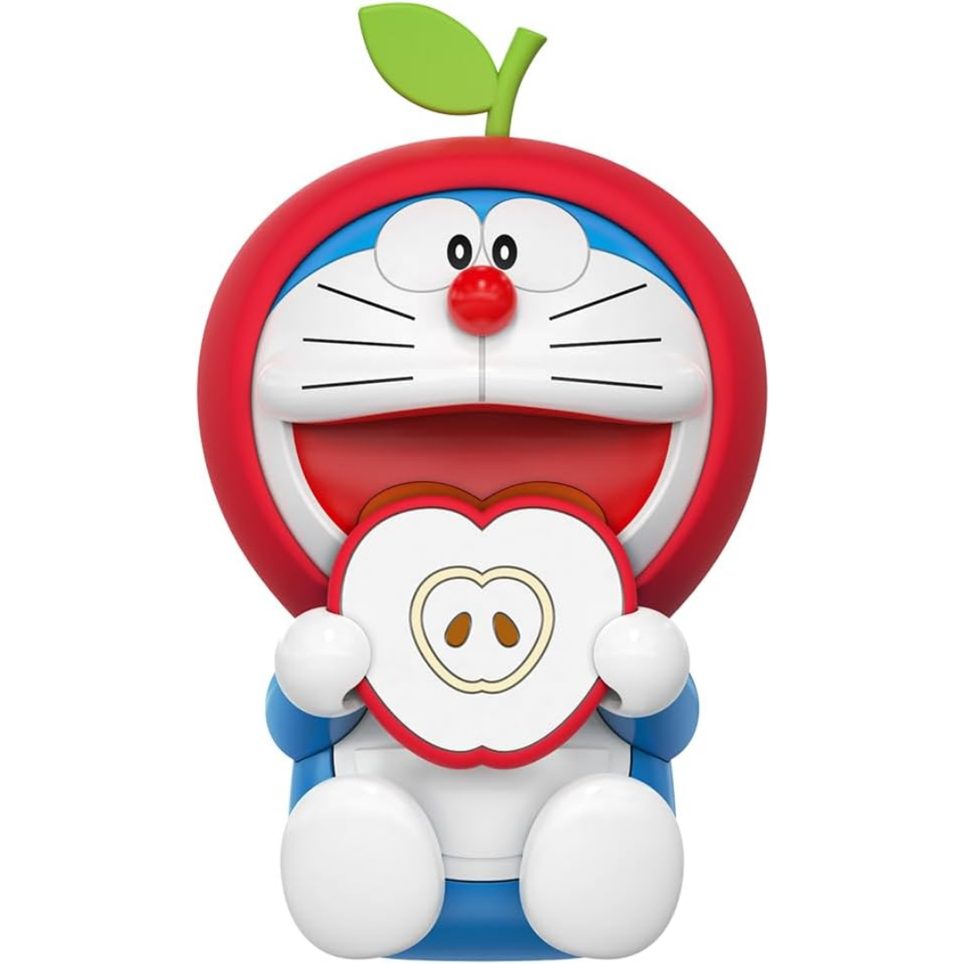 Doraemon Fruit Aromatherapy diffuser in the shape of a smiling Doraemon character with an apple-shaped head and leaf, holding a heart-shaped apple slice, isolated on a white background