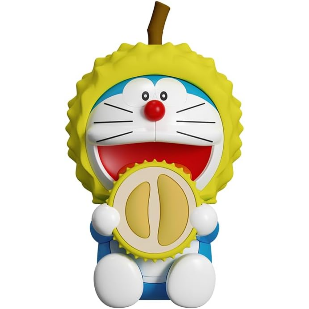 Doraemon Fruit Aromatherapy diffuser in the shape of a smiling Doraemon character with a yellow durian hood and brown stem, holding a durian slice, isolated on a white background