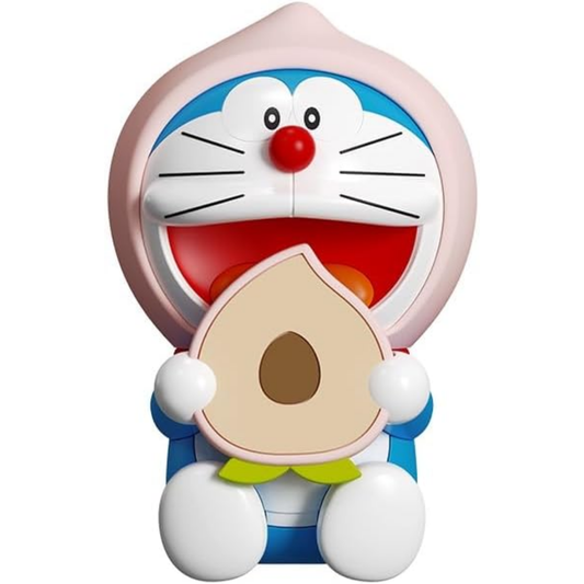 Doraemon Fruit Aromatherapy diffuser in the shape of a smiling Doraemon character with a pink peach hood, holding a peach slice with a visible seed, isolated on a white background.