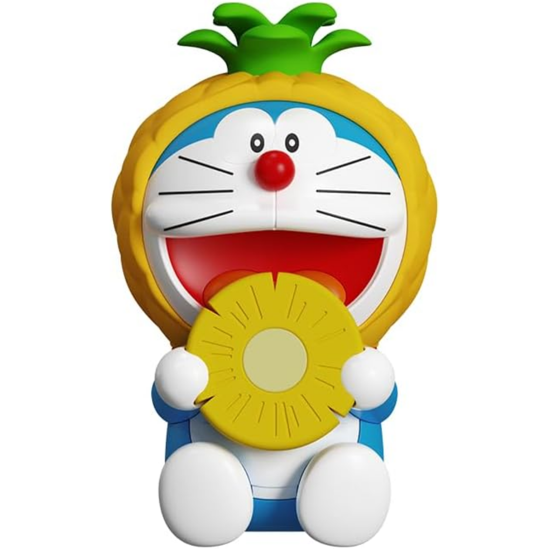 Doraemon Fruit Aromatherapy diffuser in the shape of a smiling Doraemon character with a yellow pineapple hood and green leaves, holding a pineapple slice, isolated on a white background