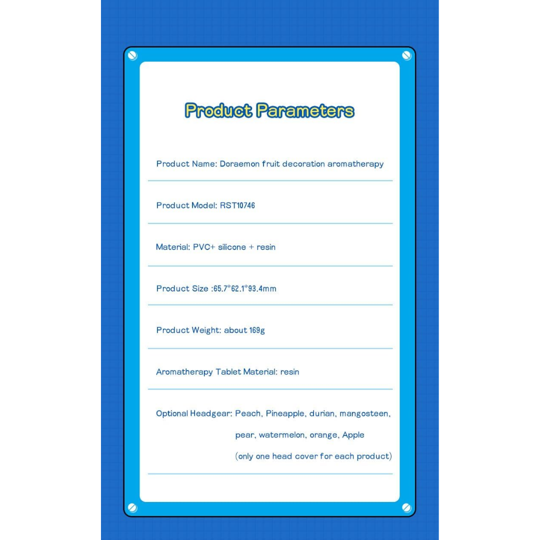 Doraemon Fruit Aromatherapy diffuser product parameters sheet showing model RST10746, materials (PVC, silicone, resin), size, weight, aromatherapy tablet material, and available fruit headgear options including peach, pineapple, durian, mangosteen, pear, watermelon, orange, and apple, on a blue background