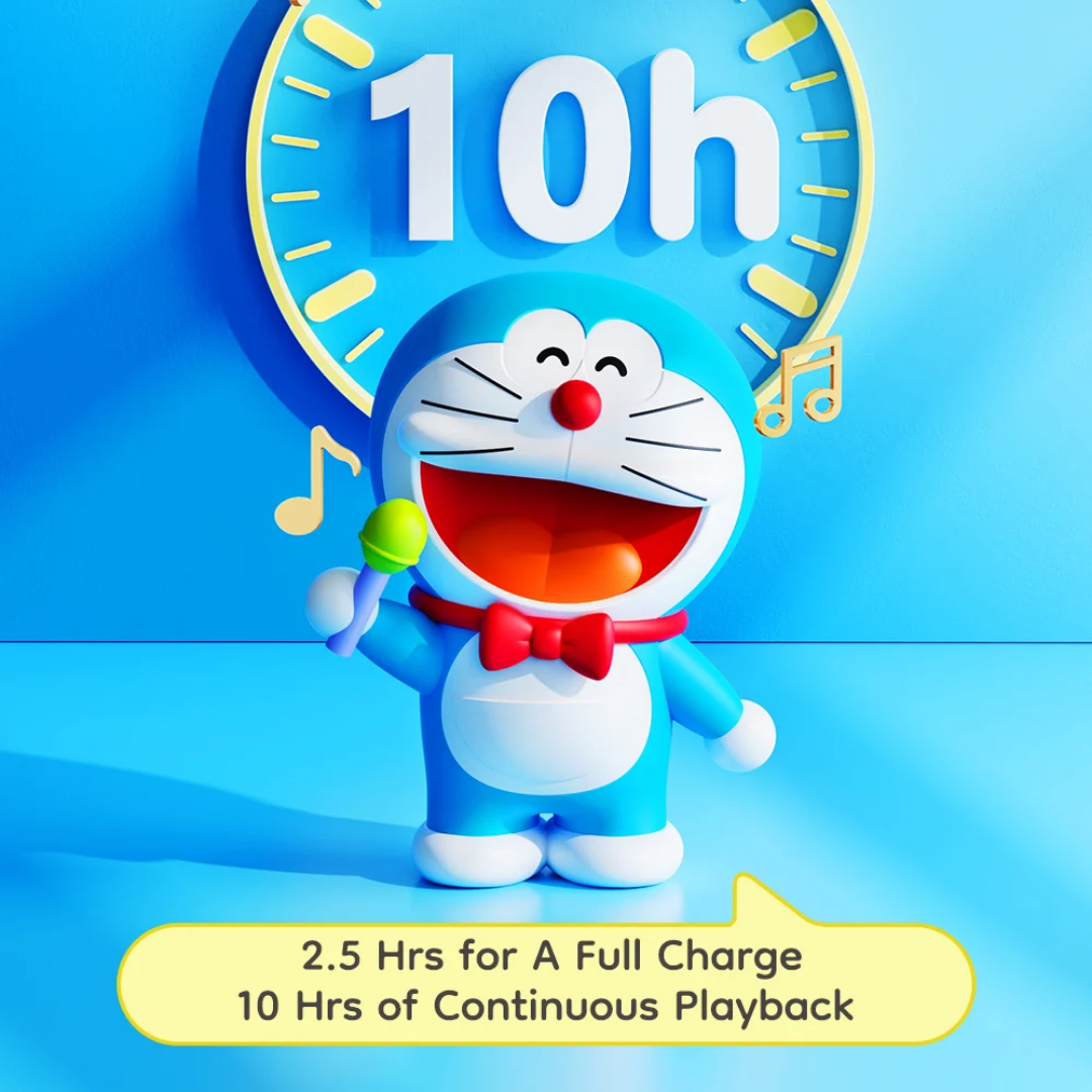 Doraemon Mic King Bluetooth Speaker with a green microphone, smiling on a blue background, large "10h" clock graphic above, and text showing 2.5 hours full charge and 10 hours continuous playback