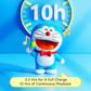 Doraemon Mic King Bluetooth Speaker with a green microphone, smiling on a blue background, large "10h" clock graphic above, and text showing 2.5 hours full charge and 10 hours continuous playback