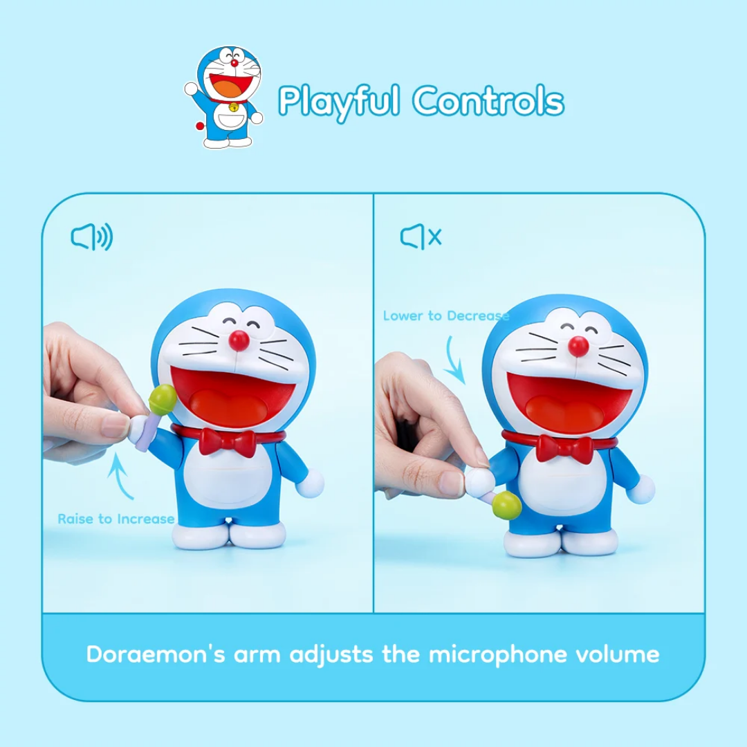 Hand adjusting Doraemon Mic King Bluetooth Speaker’s arm to control microphone volume, showing playful volume increase and decrease functions with a smiling Doraemon figure on a blue background