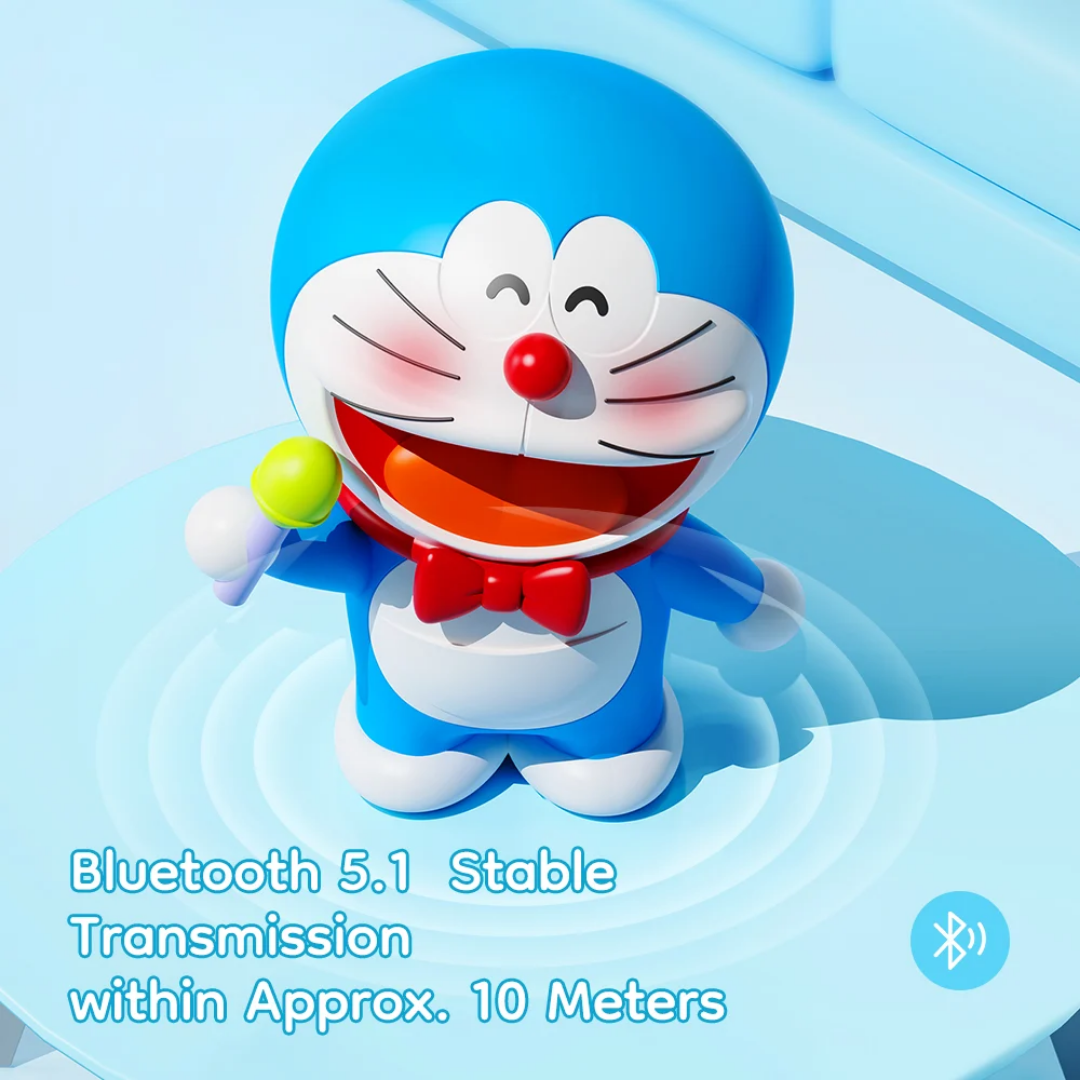 Doraemon Mic King Bluetooth Speaker with red bow tie and green microphone, smiling and blushing, on a blue background, highlighting Bluetooth 5.1 stable transmission up to 10 meters