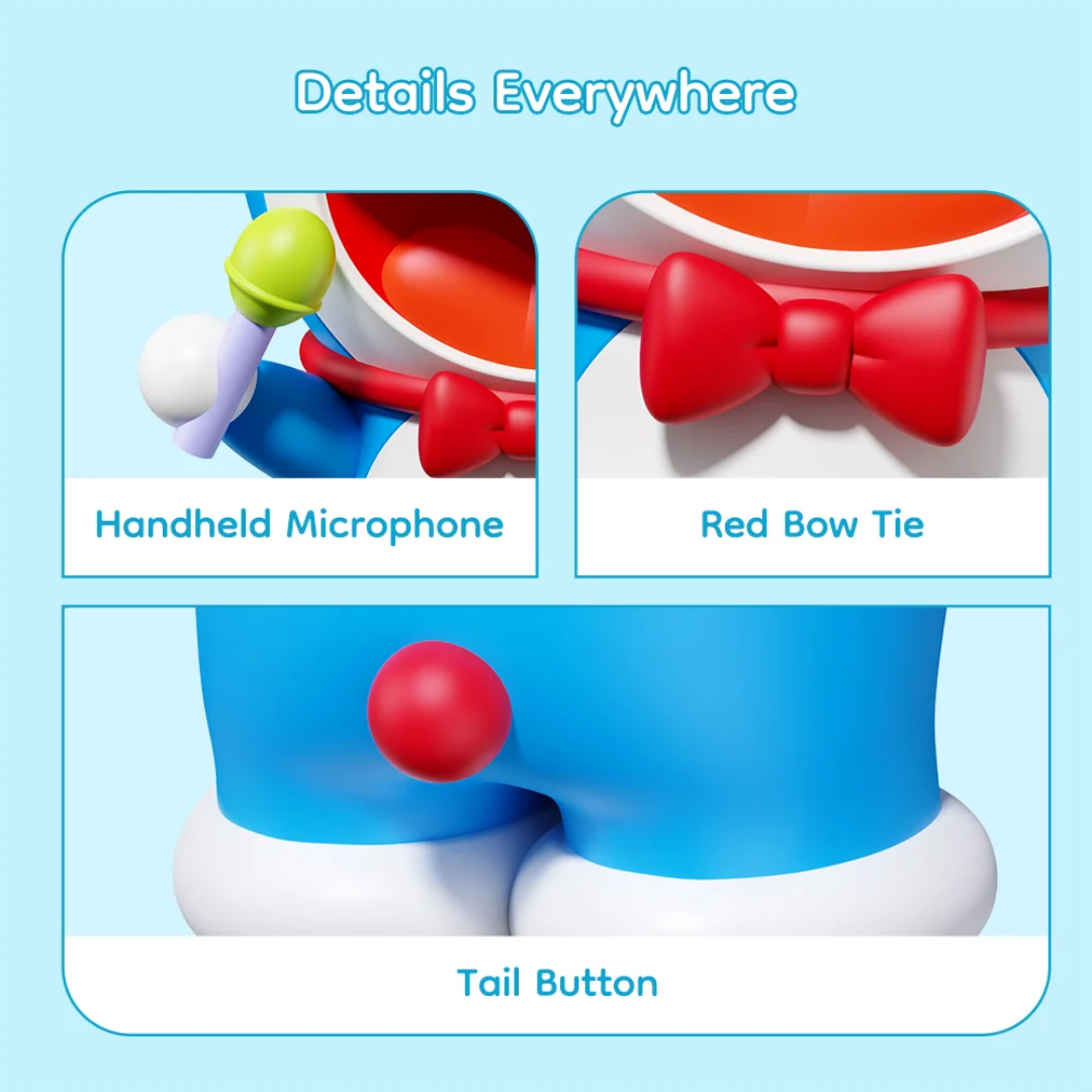 Close-up details of Doraemon Mic King Bluetooth Speaker showing green handheld microphone, red bow tie, and red tail button, on a light blue background with labeled features