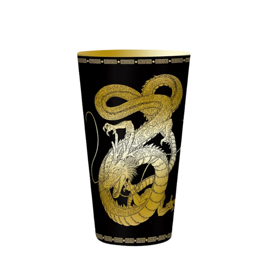 Dragon Ball Z black tumbler featuring a detailed gold illustration of Shenron the dragon, with a decorative Greek key border around the rim and base.