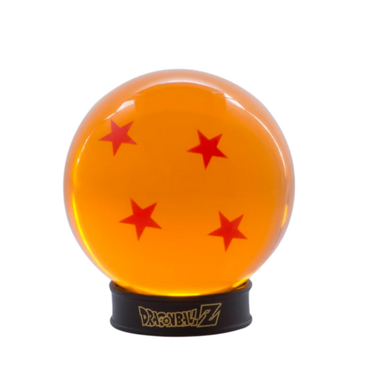 Dragon Ball Z four-star Dragon Ball collectible figure, translucent orange with four red stars, displayed on a black base with Dragon Ball Z logo, isolated on a white background