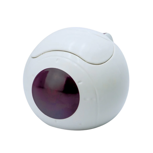 Dragon Ball Z Frieza spaceship collectible figure, featuring a white spherical design with a large dark purple circular window, isolated on a white background