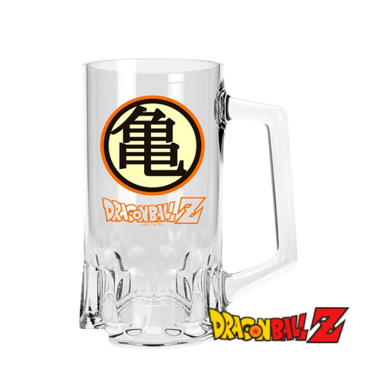 Dragon Ball Z clear glass beer mug featuring the black and orange Master Roshi "Kame" kanji symbol and the orange Dragon Ball Z logo on the front