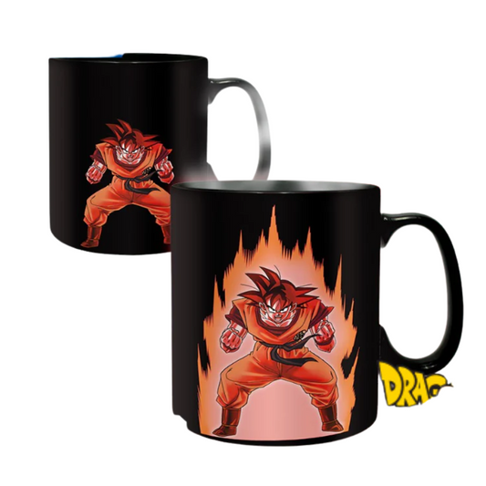 Dragon Ball Z heat-sensitive mug featuring Goku in an orange gi; when hot, a fiery red energy aura appears around Goku on a black background