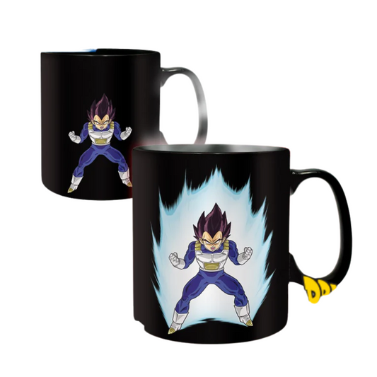 Dragon Ball Z heat-sensitive mug featuring Vegeta in blue and white armor; when hot, a glowing blue energy aura appears around Vegeta on a black background