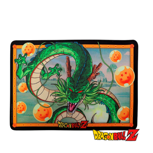 Dragon Ball Z mouse pad featuring Shenron, the green dragon, surrounded by seven orange Dragon Balls on a scenic background, with the Dragon Ball Z logo at the bottom