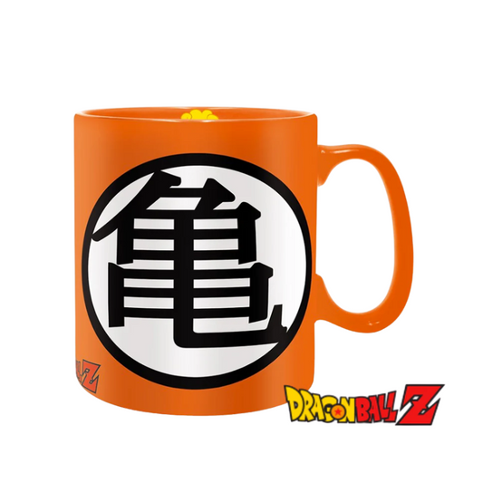 Dragon Ball Z orange ceramic mug featuring the black and white Master Roshi "Kame" kanji symbol on the front, with the Dragon Ball Z logo near the base