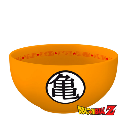 Dragon Ball Z orange ramen bowl featuring the black and white Master Roshi "Kame" kanji symbol on the front, with a red star and geometric border design inside the rim and the Dragon Ball Z logo on the side