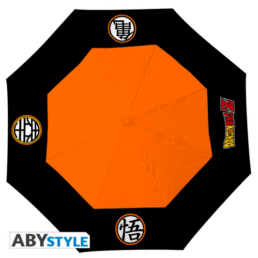 Dragon Ball Z umbrella with an orange center and black border, featuring three kanji symbols and the Dragon Ball Z logo on alternating panels, designed by ABYstyle
