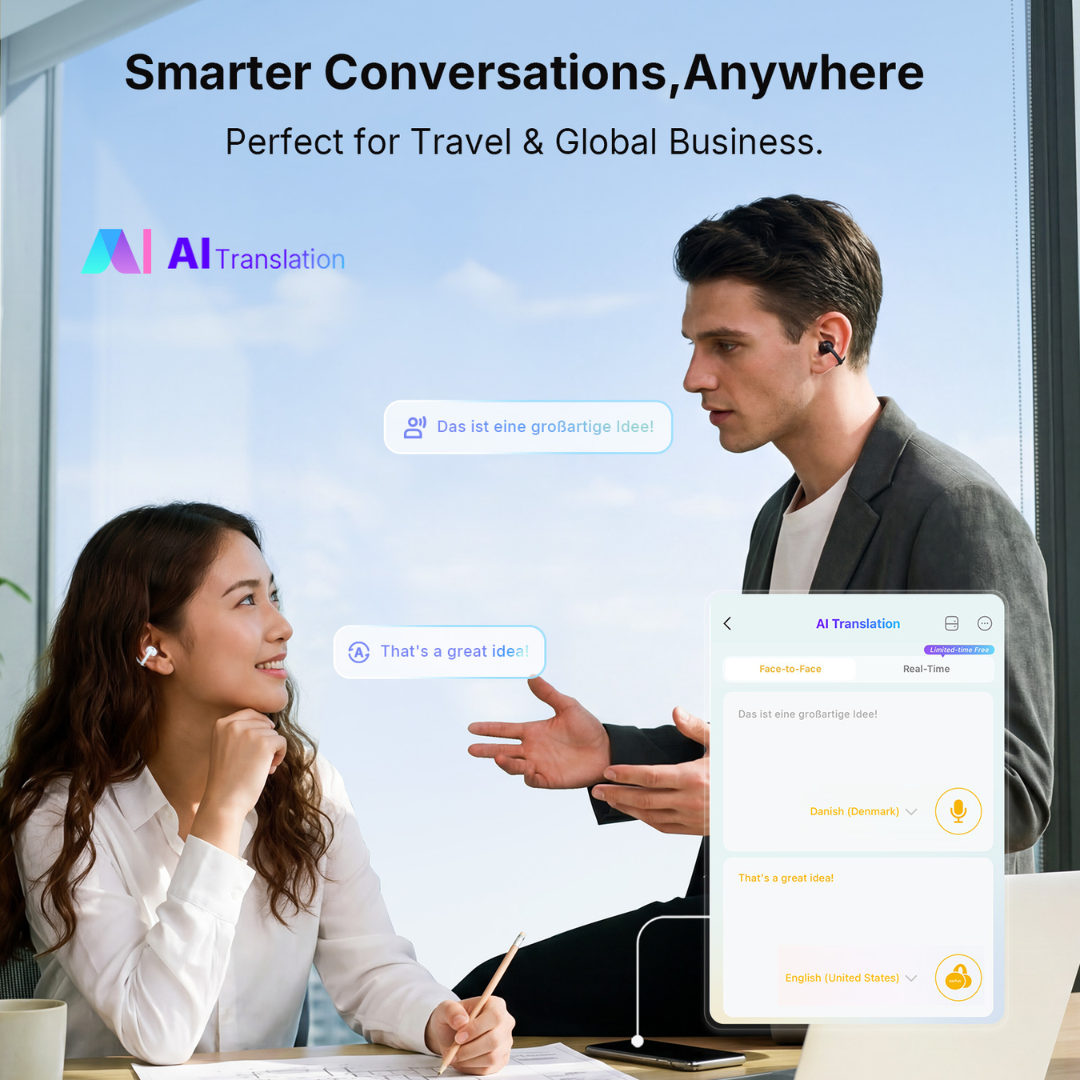 Two people wearing EarFun AI translation earbuds having a meeting with on-screen chat bubbles and app interface showing real-time translated phrases for smarter conversations while traveling and doing global business