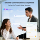 Two people wearing EarFun AI translation earbuds having a meeting with on-screen chat bubbles and app interface showing real-time translated phrases for smarter conversations while traveling and doing global business